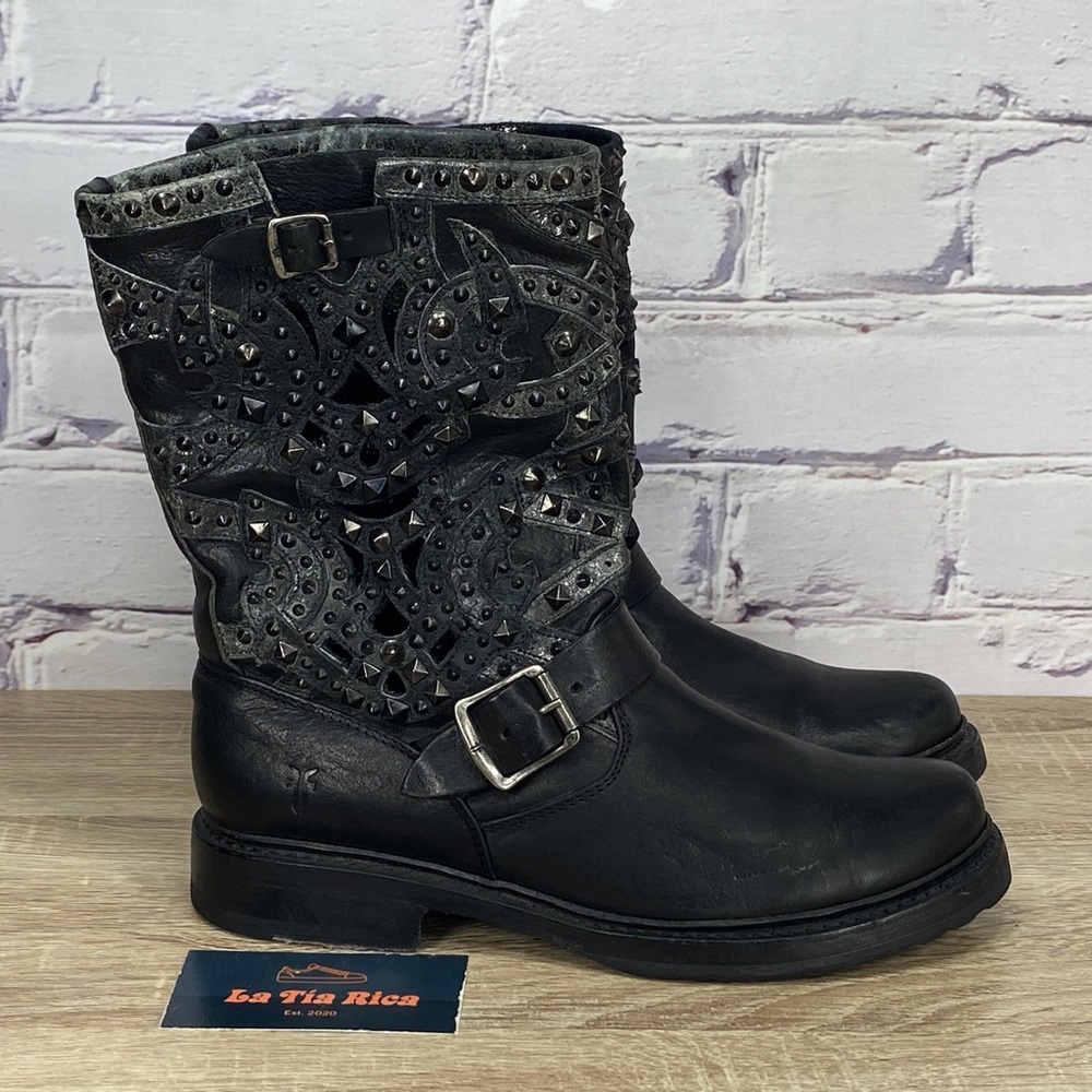 Frye Veronica Deco Black Leather Boots